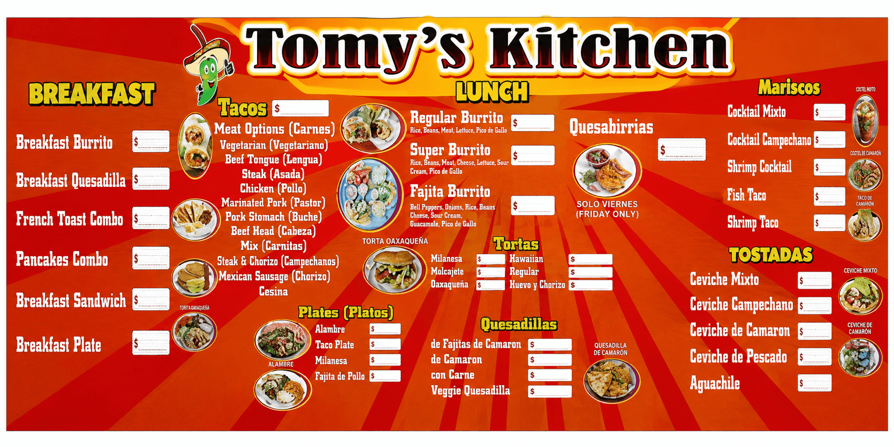 Tomy's Kitchen full menu board